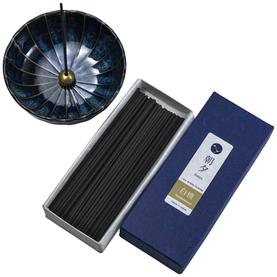 Asayu Japan ｜ Low Smoke[ Sandalwood Scent (40g)＋Navy Blue Lotus Incense Holder with Brass Stand ] Set (Pre-Order)