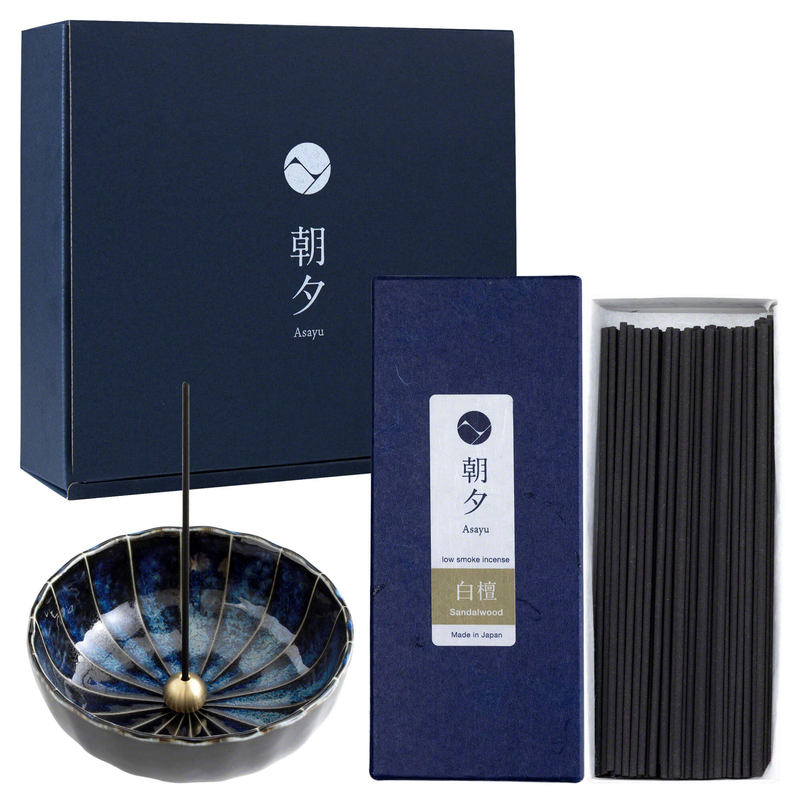 Asayu Japan ｜ Low Smoke[ Sandalwood Scent (40g)＋Navy Blue Lotus Incense Holder with Brass Stand ] Set (Pre-Order)